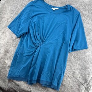 Chico's Twist Front Top Womens 3 Teal Blue Short Sleeve Sheer Trim Knit Tee
